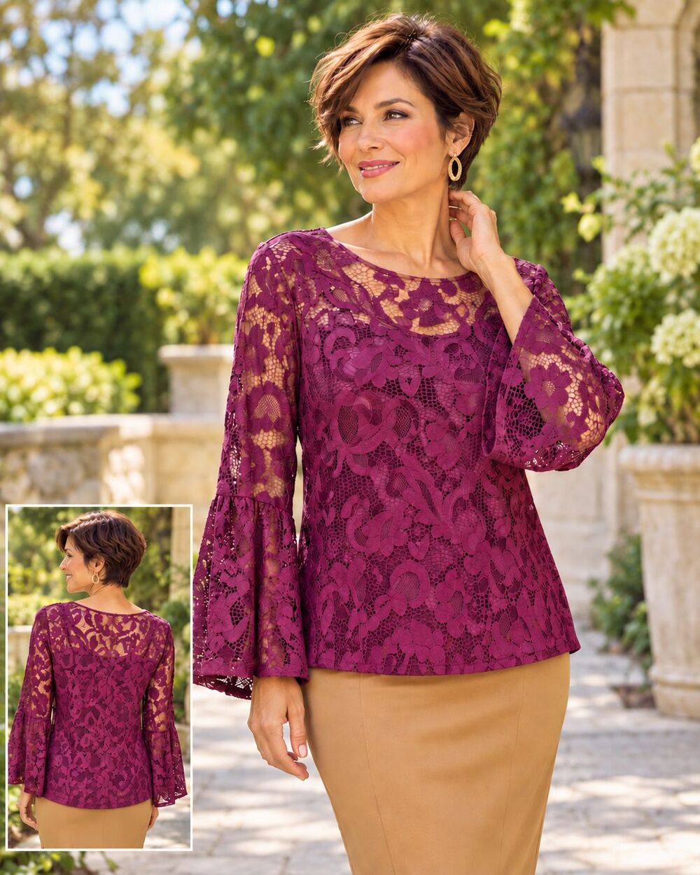 INC International Concepts Womens L Purple Floral Lace Bell Sleeve Lined Blouse